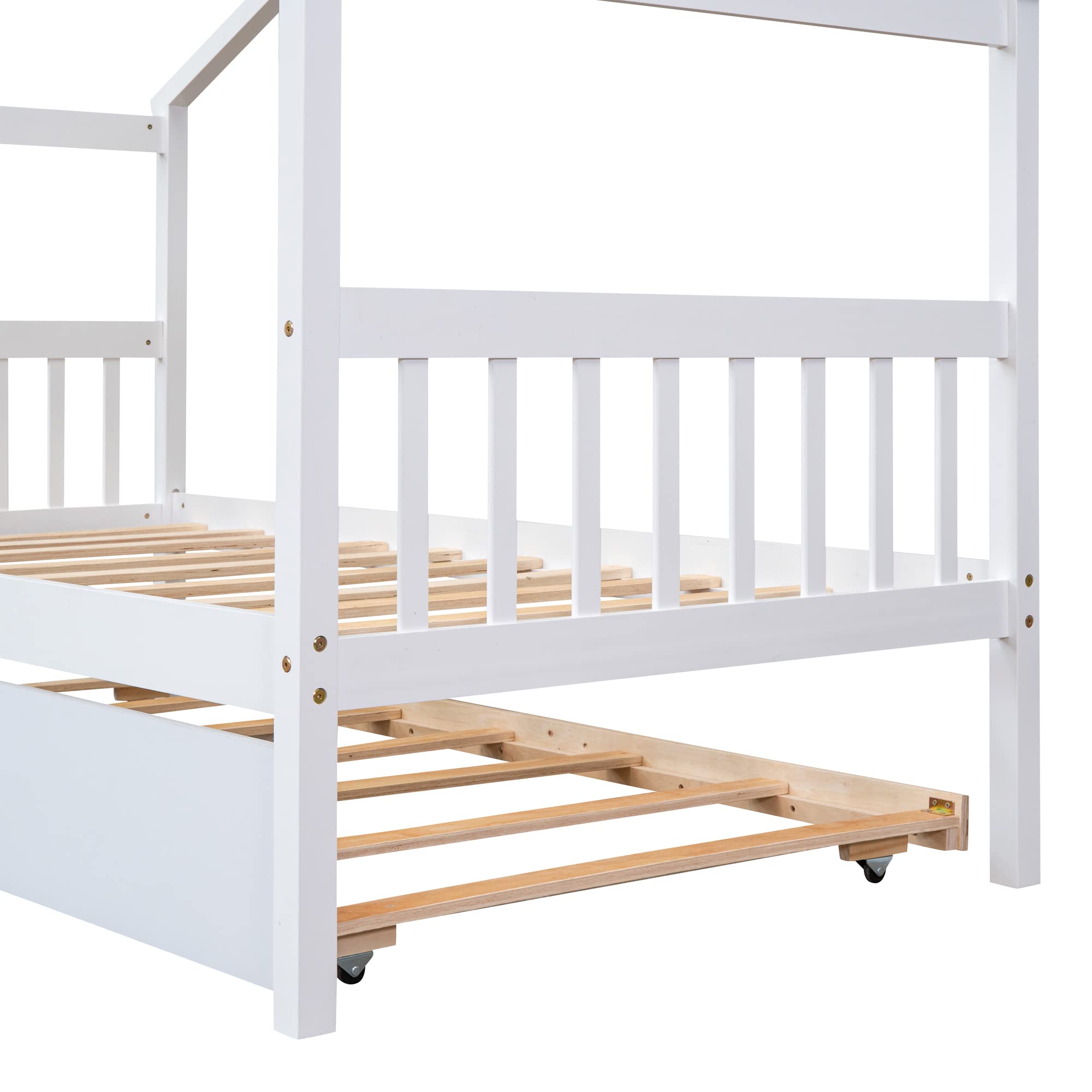 GOWE Twin Size Wooden House Bed with Twin Size Trundle, White