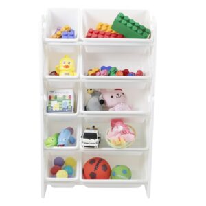 uniplay 5 tier toy storage organizer with 10 removable bins, re-configurable base, multi-functional for books, building blocks, school materials, toys, or garage storage with baseplate board frame