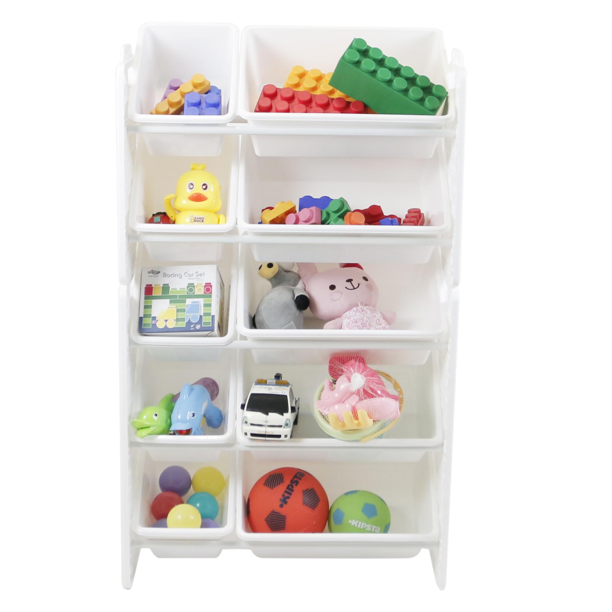 UNiPLAY 5 Tier Toy Storage Organizer with 10 Removable Bins, Re-Configurable Base, Multi-Functional for Books, Building Blocks, School Materials, Toys, or Garage Storage with Baseplate Board Frame