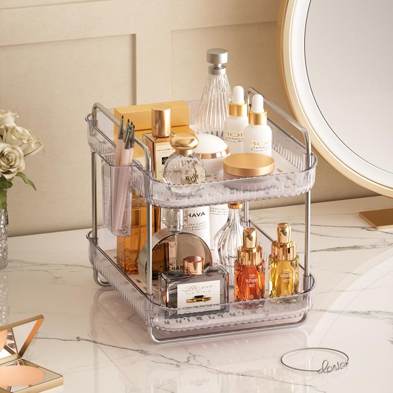 FFK 2 Tier Cup Mug Rack Coffee Bar Drying Holder Stand with Removable Drain Tray Kitchen Countertop Organizer Storage Glass Bottle Drying Holder with Drainage Basket Makeup Skincare Shelf Acrylic