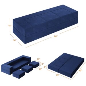 Vivaadecor 80'' Folding Sofa Bed, Velvet Floor Couch Bed with 3Ottomans& Washable Cover, Memory Foam Couch, Fold Out Futon Sleeper for Guest/Living Room/Playroom, Queen, Blue