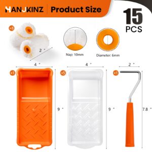 HANJKINZ Paint Roller kit, 2 Inch 15 Pack Small Paint Roller Kit with Microfiber Paint Roller Covers, Paint Tray, Paint Tray Liner, Mini Paint Roller for Painting Corners