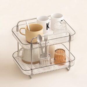 ffk 2 tier cup mug rack coffee bar drying holder stand with removable drain tray kitchen countertop organizer storage glass bottle drying holder with drainage basket makeup skincare shelf acrylic