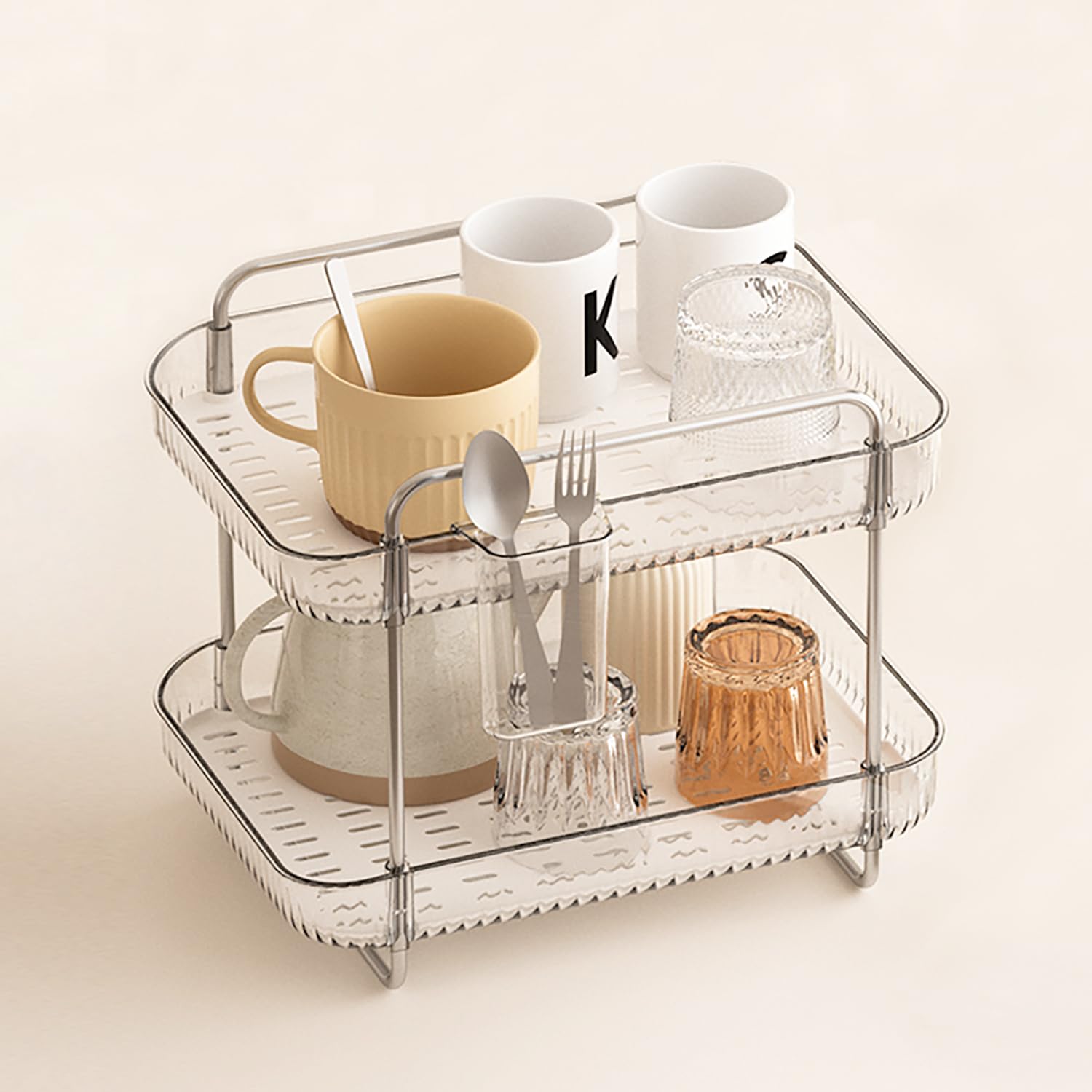 FFK 2 Tier Cup Mug Rack Coffee Bar Drying Holder Stand with Removable Drain Tray Kitchen Countertop Organizer Storage Glass Bottle Drying Holder with Drainage Basket Makeup Skincare Shelf Acrylic