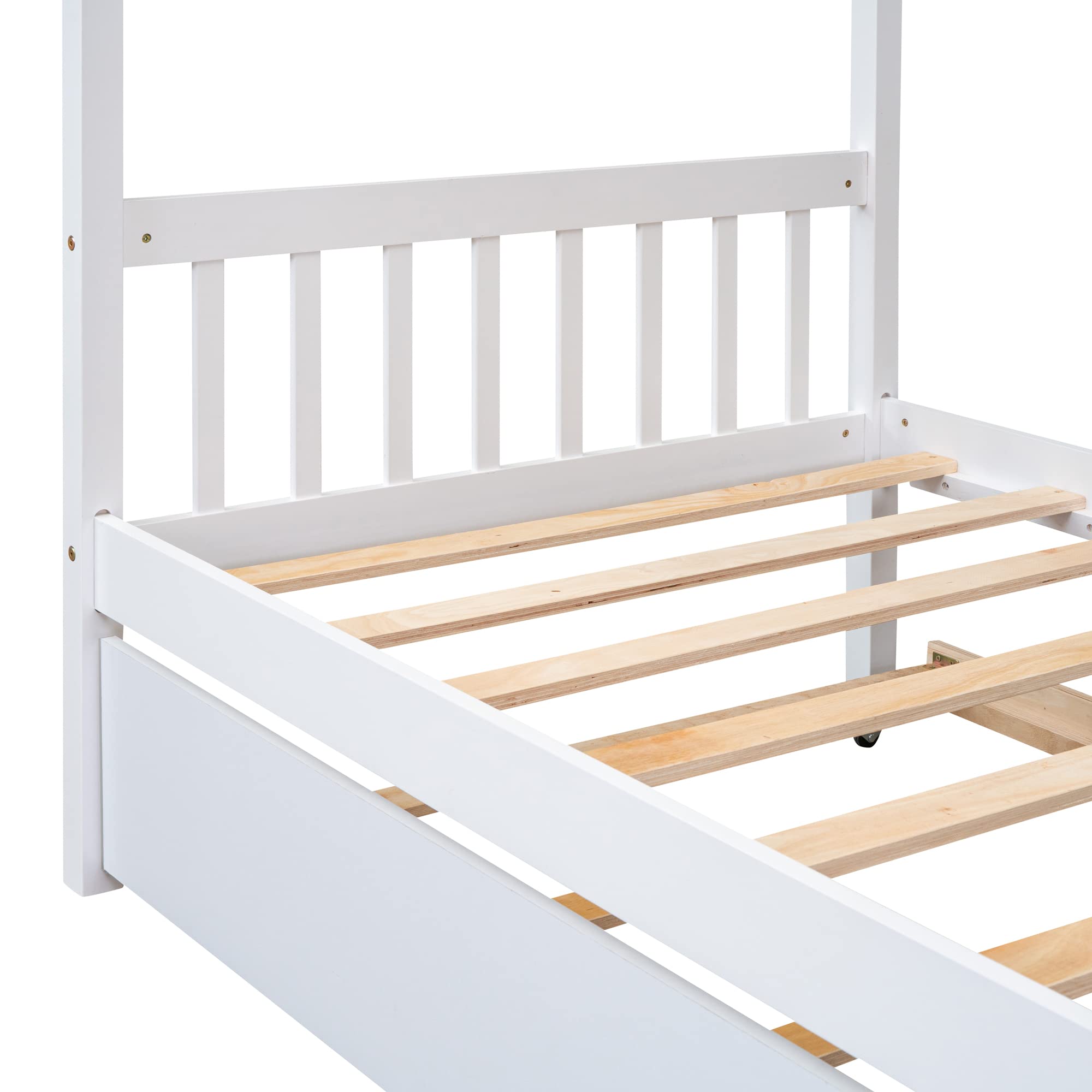 GOWE Twin Size Wooden House Bed with Twin Size Trundle, White