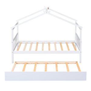 GOWE Twin Size Wooden House Bed with Twin Size Trundle, White