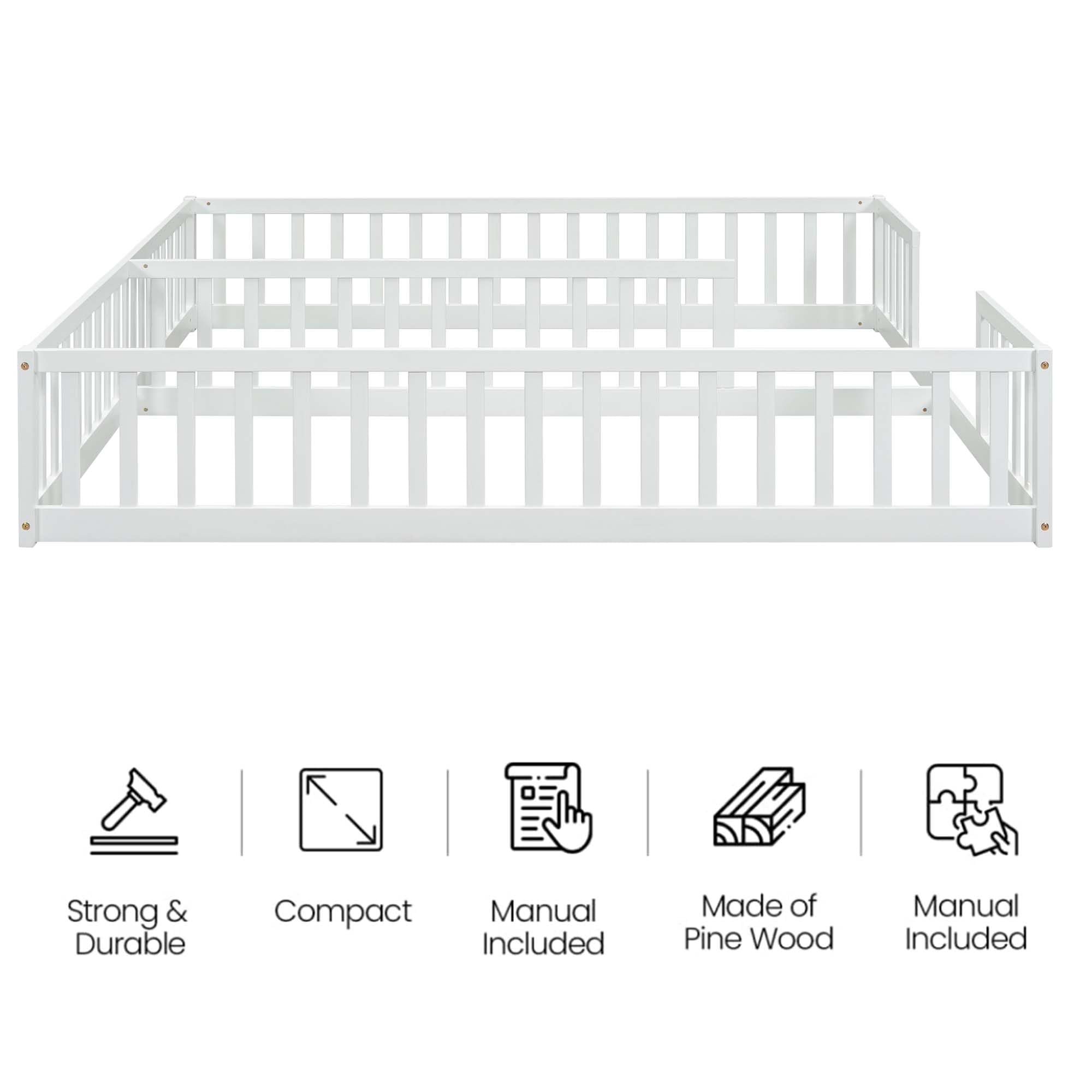 Mirightone Double Floor Bed Frames for Kids, Wood Montessori Bed with Fence Rails, Two Twin Bed Frames for Kids Boys Girls Children, White