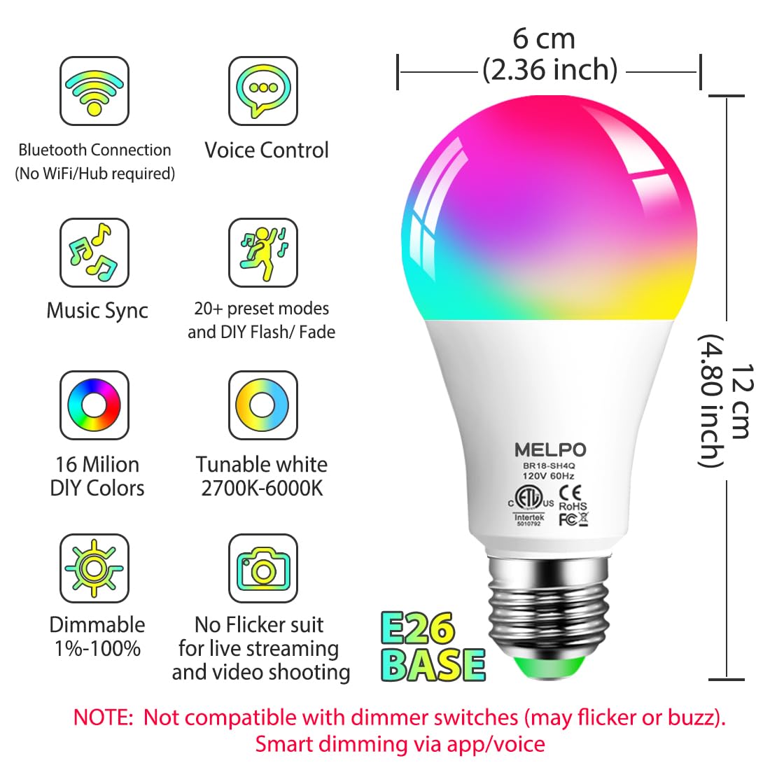 MELPO Smart Light Bulbs, 1300LM Color Changing Light Bulb, 16 Million Colors, Tunable White Alexa Light Bulbs, Music Sync, DIY Flash, Timing, A19 E26 Smart Bulbs, 130W Equivalent, No WiFi Required.