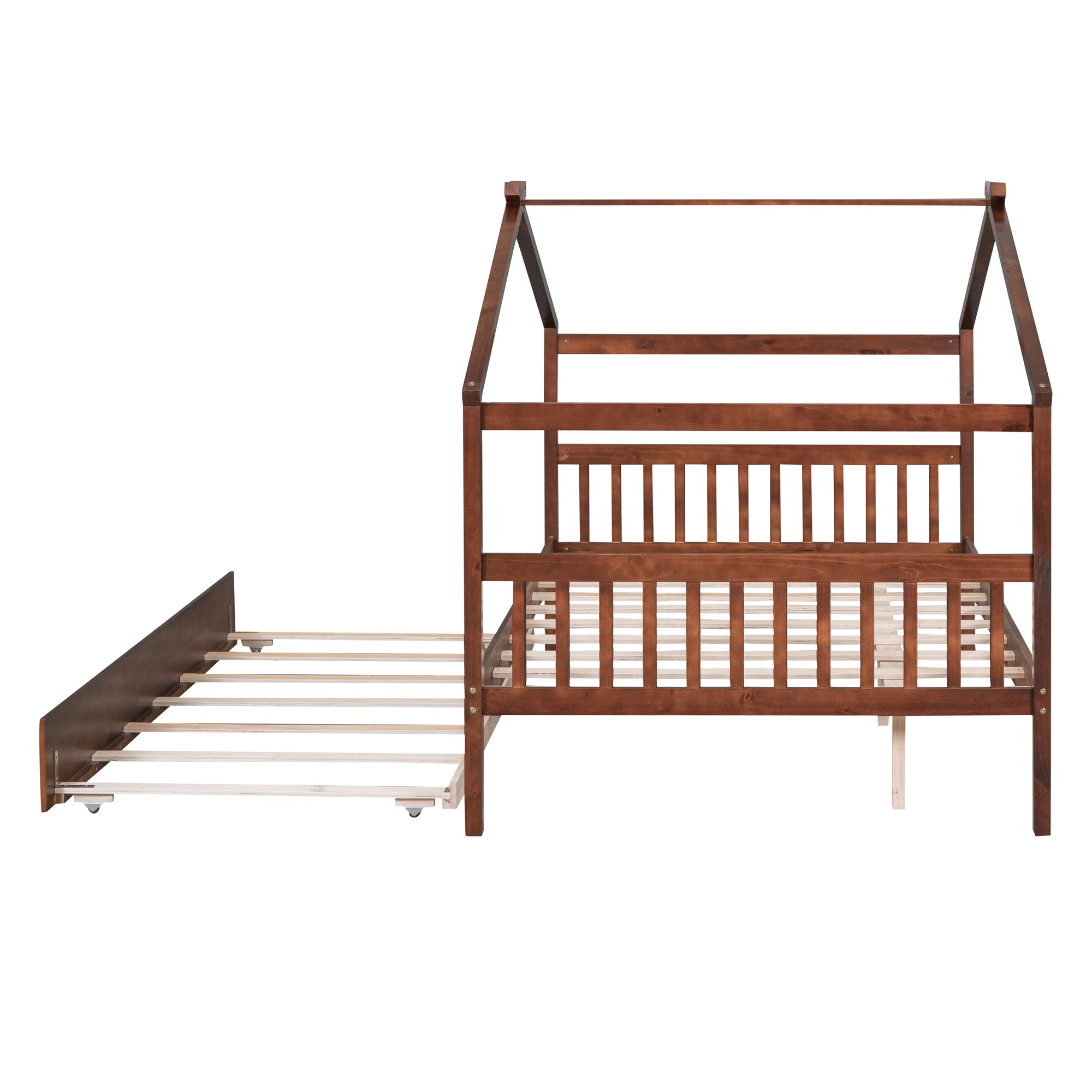 GOWE Full Size Wooden House Bed with Twin Size Trundle, Walnut