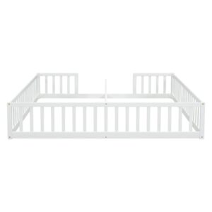 Mirightone Double Floor Bed Frames for Kids, Wood Montessori Bed with Fence Rails, Two Twin Bed Frames for Kids Boys Girls Children, White