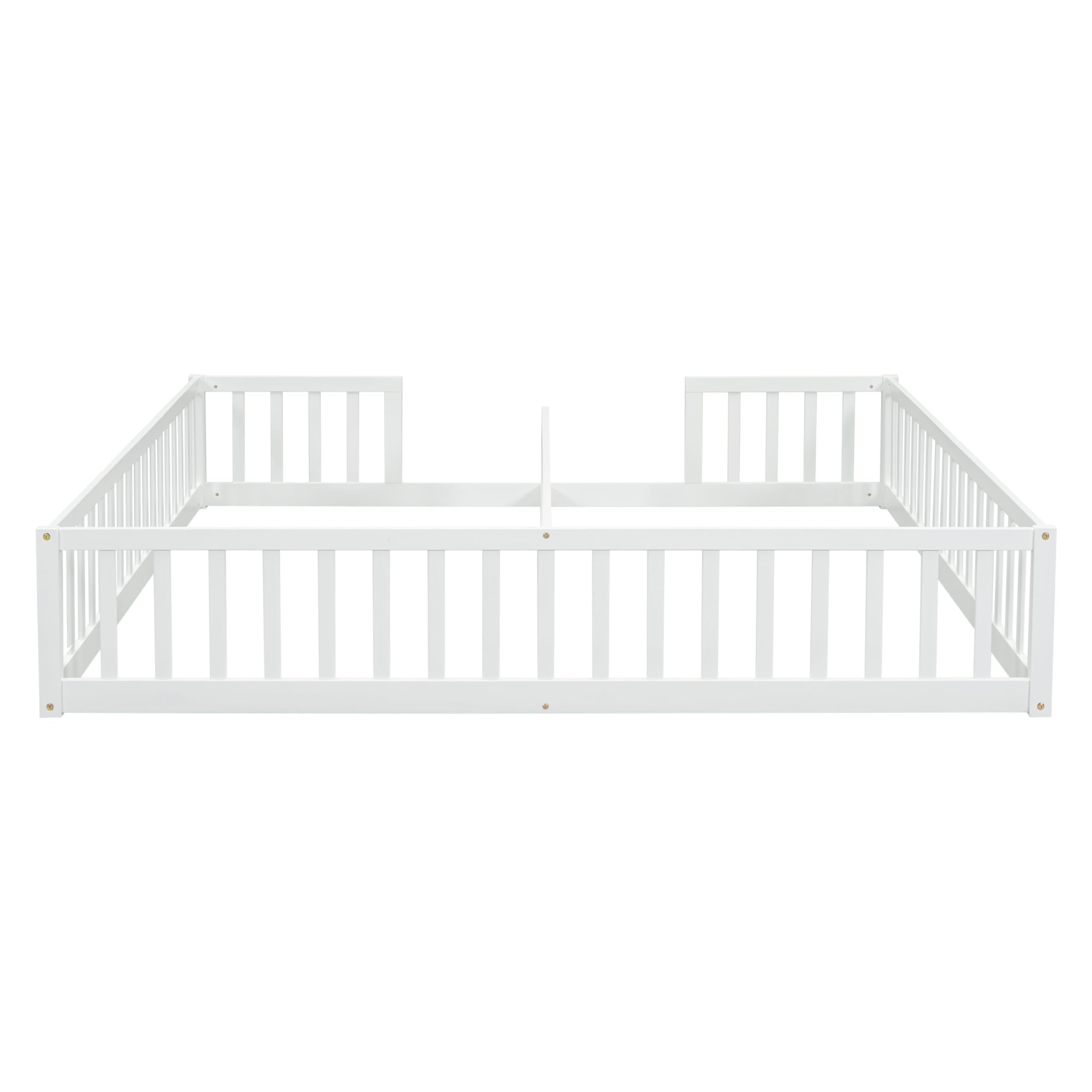 Mirightone Double Floor Bed Frames for Kids, Wood Montessori Bed with Fence Rails, Two Twin Bed Frames for Kids Boys Girls Children, White