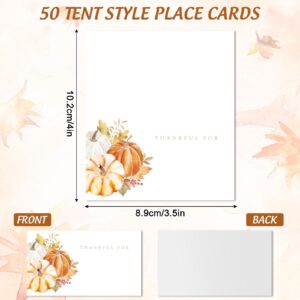 JarThenaAMCS 50Pcs Thanksgiving Table Tent Place Cards Thankful Pumpkin Guest Seating Cards Name Escort Card Folded Seat Assignment Setting Label for Fall Autumn Wedding Baby Shower Birthday