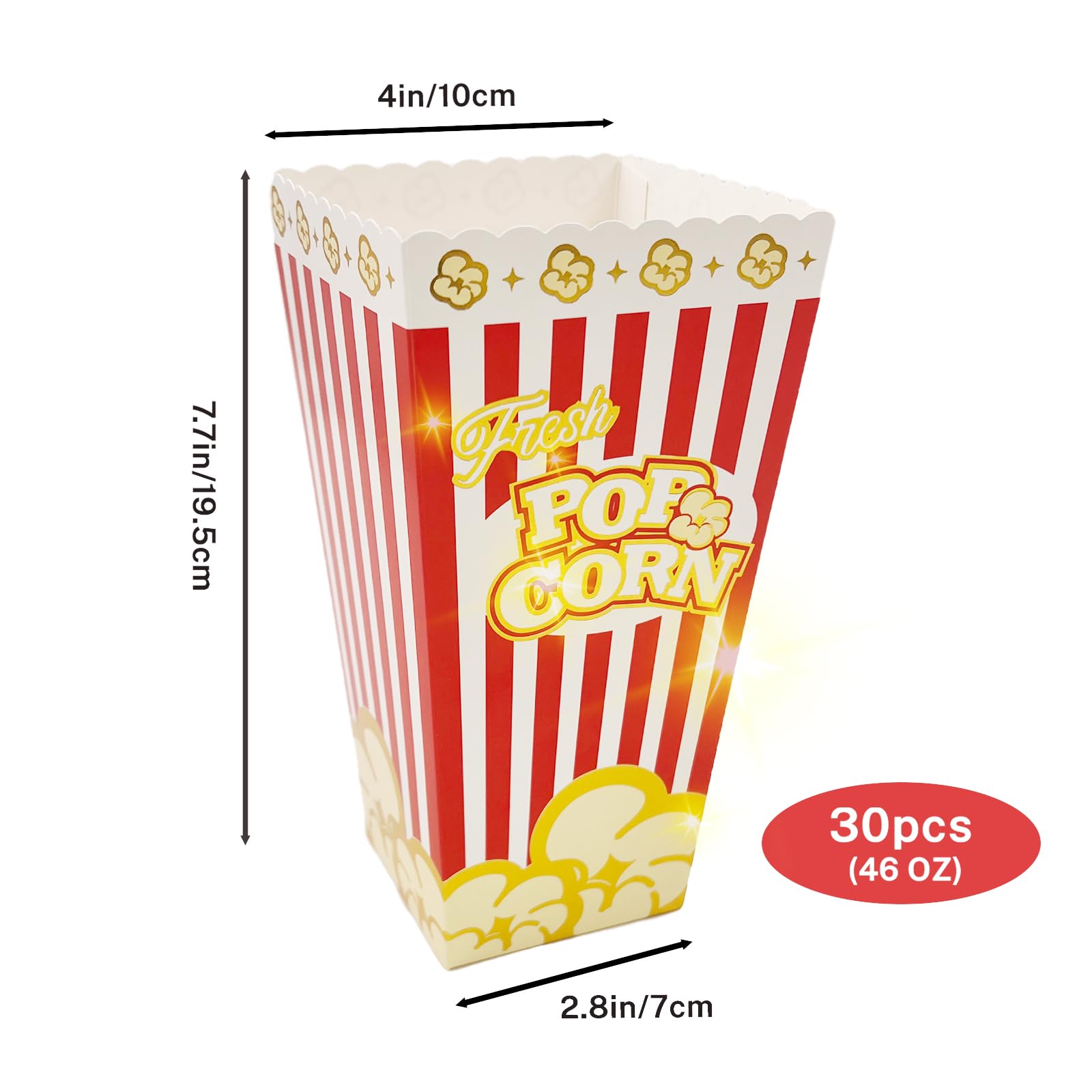 SNAIL GARDEN 30Pcs 46oz Large Capacity Popcorn Boxes, Movie Night Red/White Stripes Mixed Glod Border Decor Food Container,Disposable Paper Box,Durable Snack Bag For Hollywood Theme Birthday Party