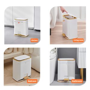 Bathroom Trash Can with Lid, Plastic 3 Gallon Garbage can with Press top Lid, Gold Step Pedal Trash can, Narrow White Trash bin for Kitchen, Bathroom, Bedroom, Living Room, Office, Dog Proof Trash Can