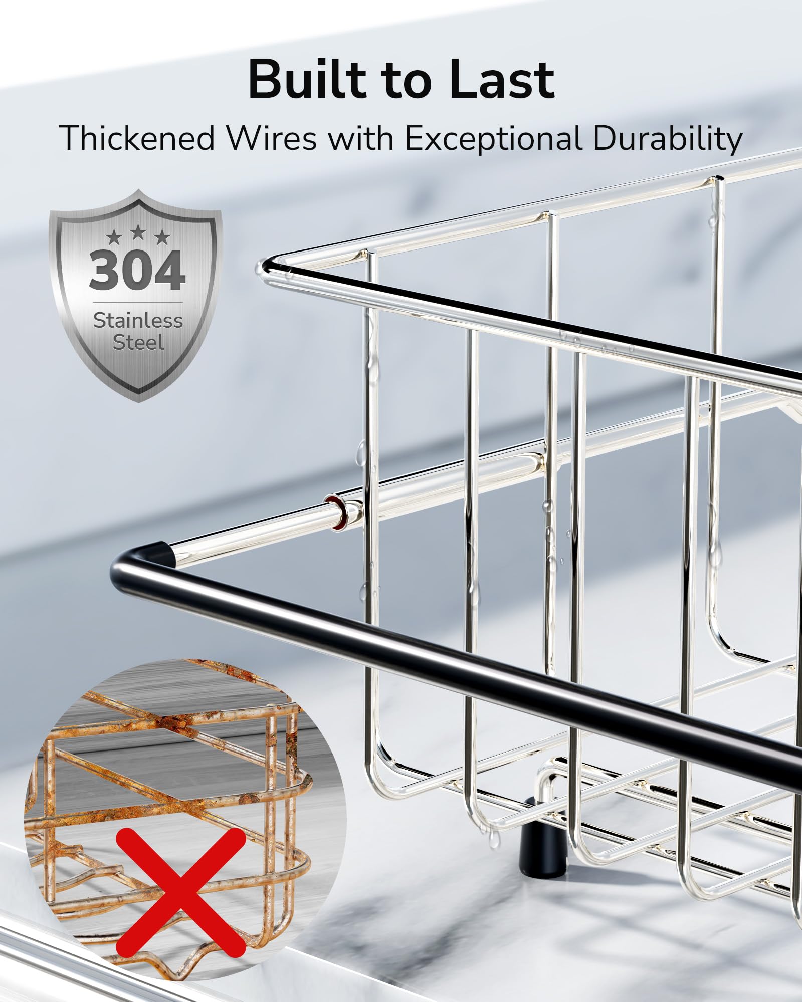 ULG Dish Drying Rack Kitchen Sink Dish Drainer Stainless Steel in/Over The Sink Drying Rack for Dishes Plates Glasses Silverware with Cup and Cutlery Holders Quick Drying Arms Extendable, Medium Size