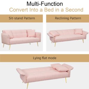 Aoowow Teddy Fabric Futon Couch with 2 Sort Bed Pillow, Love seat Sofa Bed with Adjustable Armrests Backrest for Small Spaces, Modern Recliner Futon Sofa for Living Room (Pink Teddy Fabric)