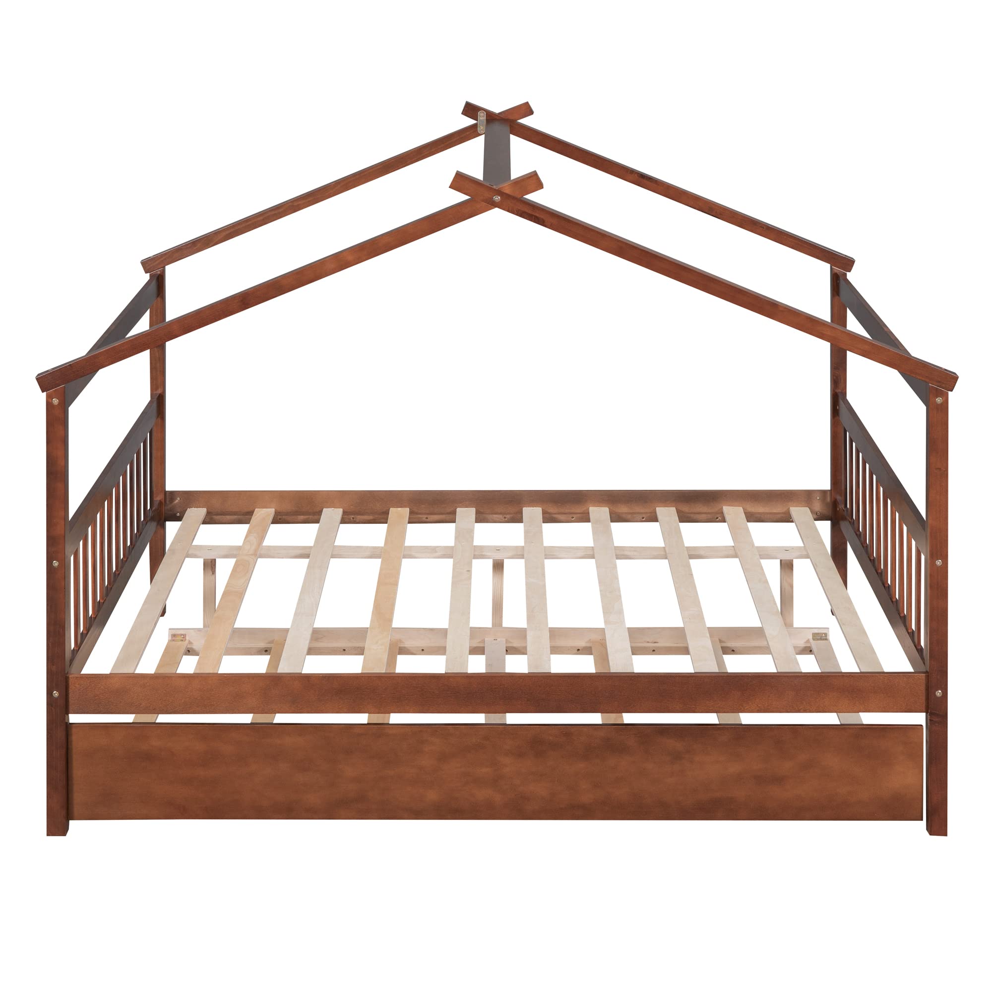 GOWE Full Size Wooden House Bed with Twin Size Trundle, Walnut