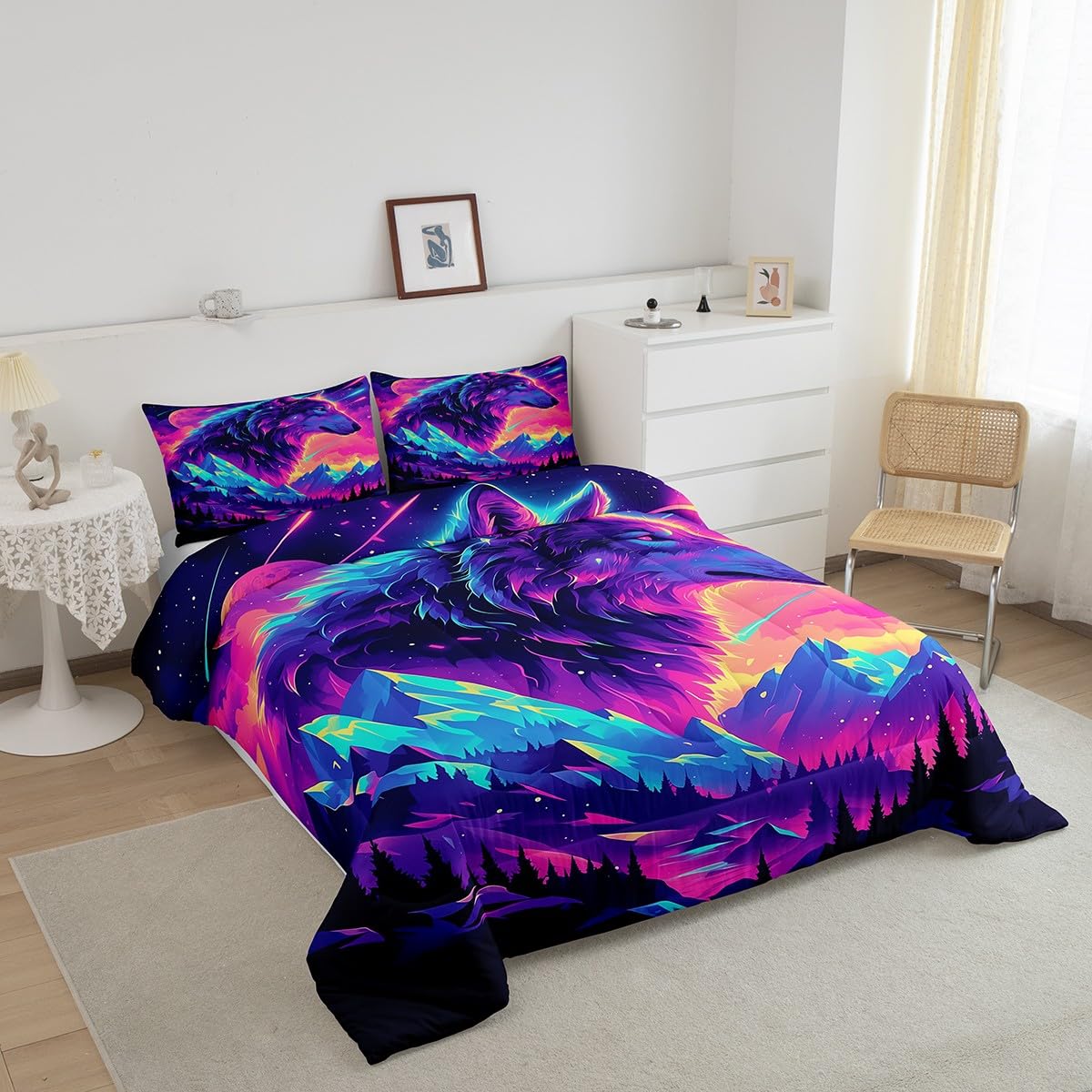 Castle Fairy Wolf Bedding Set Full Size Wild Jungle Animal Comforter Set for Kids Teens Room Decor Trippy Natural Scenery Duvet Insert Neon Starry Moon Galaxy Down Comforter Set,3Pcs