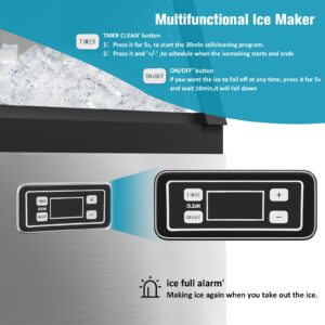 Erivess 120lbs/24H Commercial Ice Maker Machine, 48 Cubes/11mins Stainless Steel Under Counter ice Machine with 33lbs Ice Storage Capacity, Self-Clean Freestanding Ice Maker