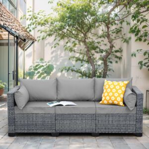 lviden wicker patio couch, outdoor 3-seat sofa, all weather pe rattan, deep seating deck furniture set with grey cushions