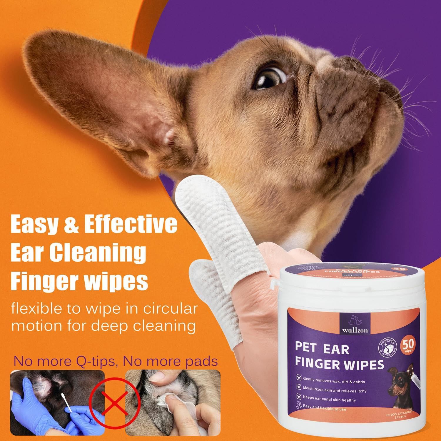 WALLZON Ear Cleanser Relief Finger Wipes | Ear Cleaning Finger Wipes for Dogs and Cats | Disposable Pet Ear Cleaner Wipes | Relieve Itching & Remove Odor | Ear Care Wipes for Pet (50 Counts)