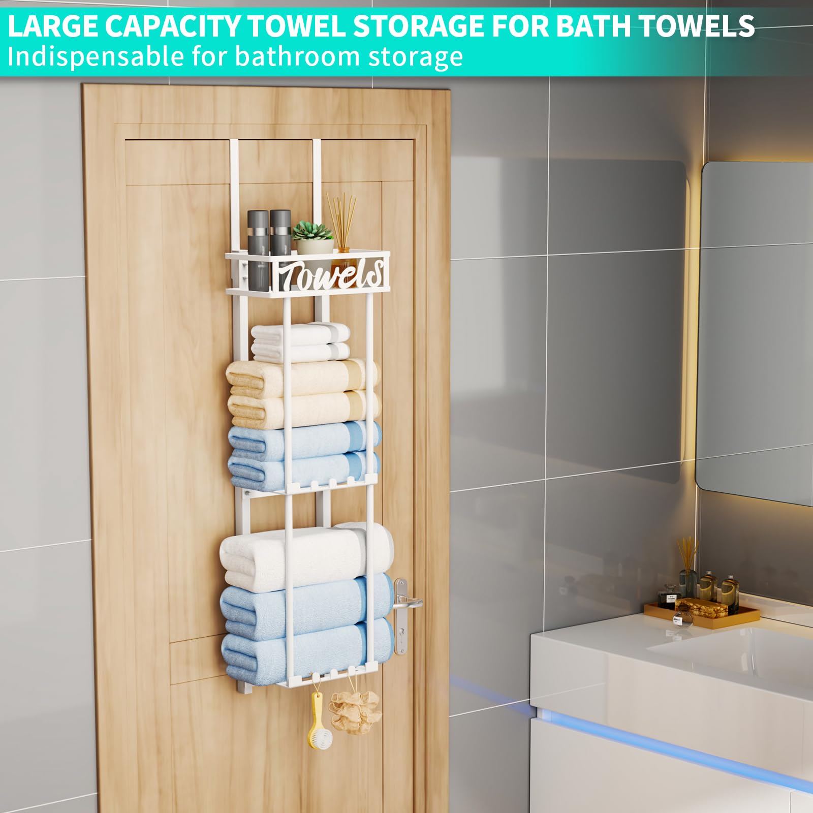 HapiRm Towel Rack Bathroom Storage - 3 Tier Over The Door Towel Rack with Metal Shelf Basket and 6 Hooks, Wall Mount Towel Holder, Rolled Towel Organizer for Small Bathroom (White)