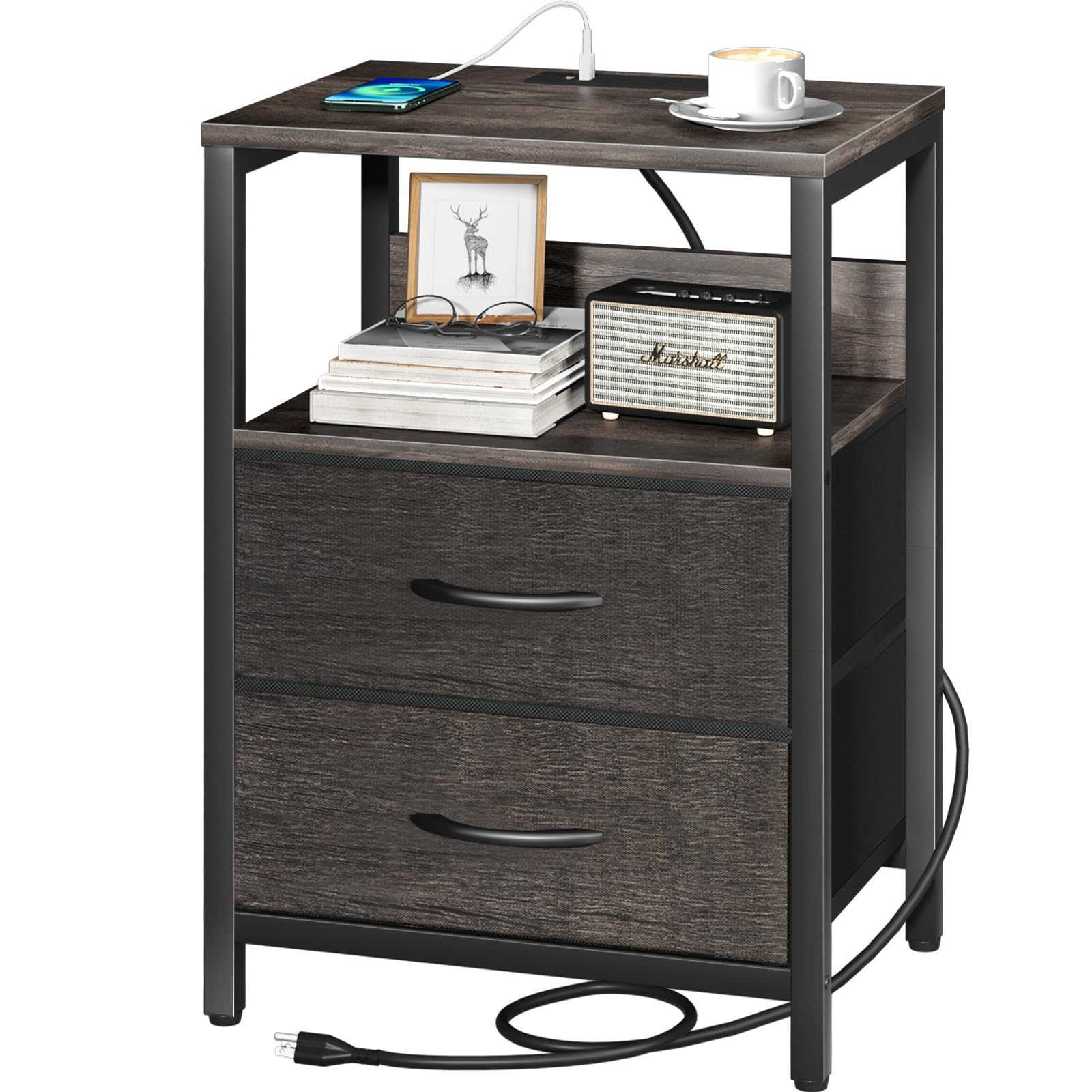 Yoobure Nightstand with Charging Station, Small Night Stand with Fabric Drawers and Storage Shelf for Bedrooms, Nightstands for Small Spaces, Bedside Table with USB Ports & Outlets, Bed Side Table