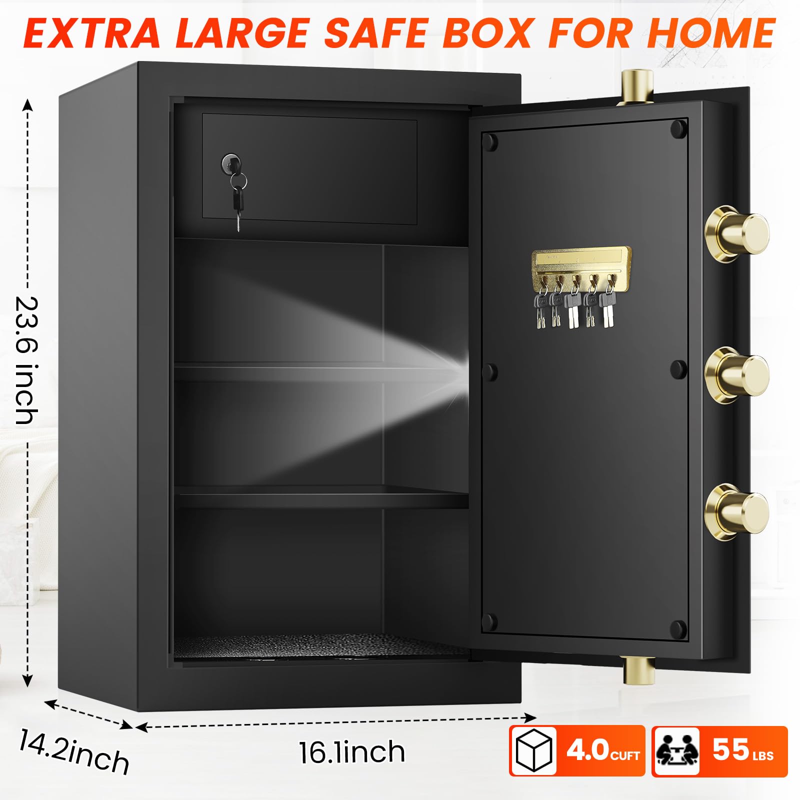 4.0 Cub Large Fireproof Safe for Home Use, Heavy Duty Home Safes Water and Fireproof with Fireproof Bag, Electronic Keypad Keys and Inner Cabinet, Anti-Theft Fire Proof Safe Box for Home Office