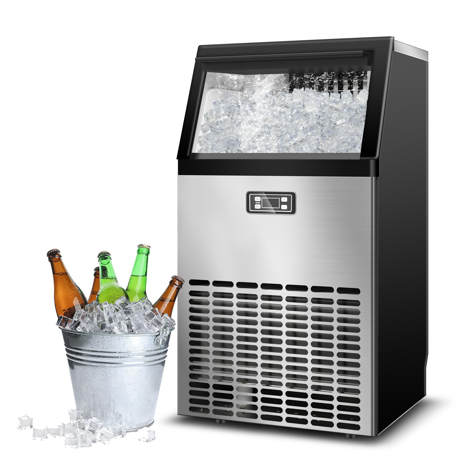 Erivess 120lbs/24H Commercial Ice Maker Machine, 48 Cubes/11mins Stainless Steel Under Counter ice Machine with 33lbs Ice Storage Capacity, Self-Clean Freestanding Ice Maker