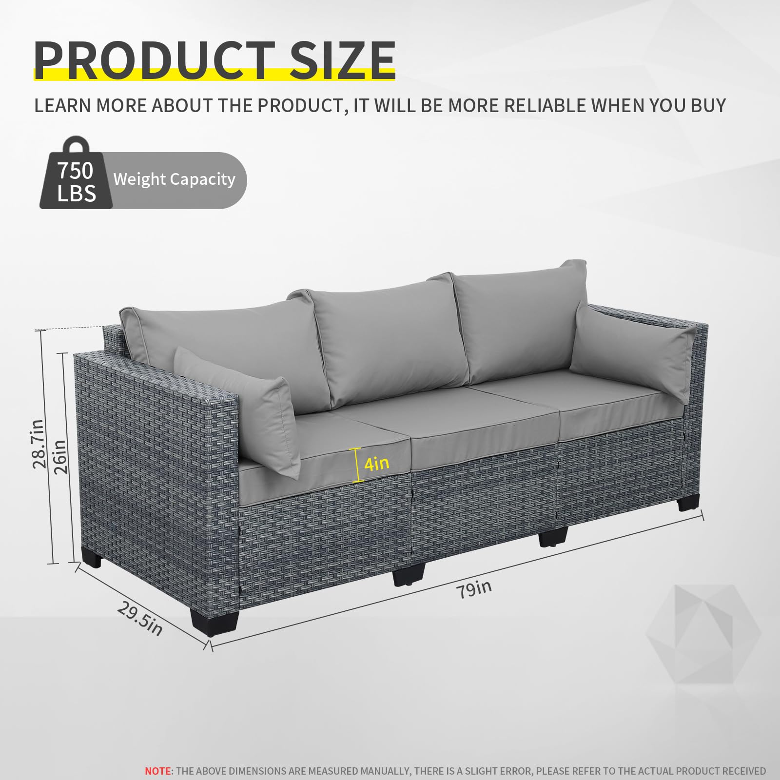 Lviden Wicker Patio Couch, Outdoor 3-seat Sofa, All Weather PE Rattan, Deep Seating Deck Furniture Set with Grey Cushions