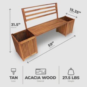 Four Seasons Courtyard Leigh Country Outdoor Wooden Bench Durable All Weather Backyard Patio, Entryway Balcony, or Deck Furniture Seating with 2 Planter Boxes, Tan