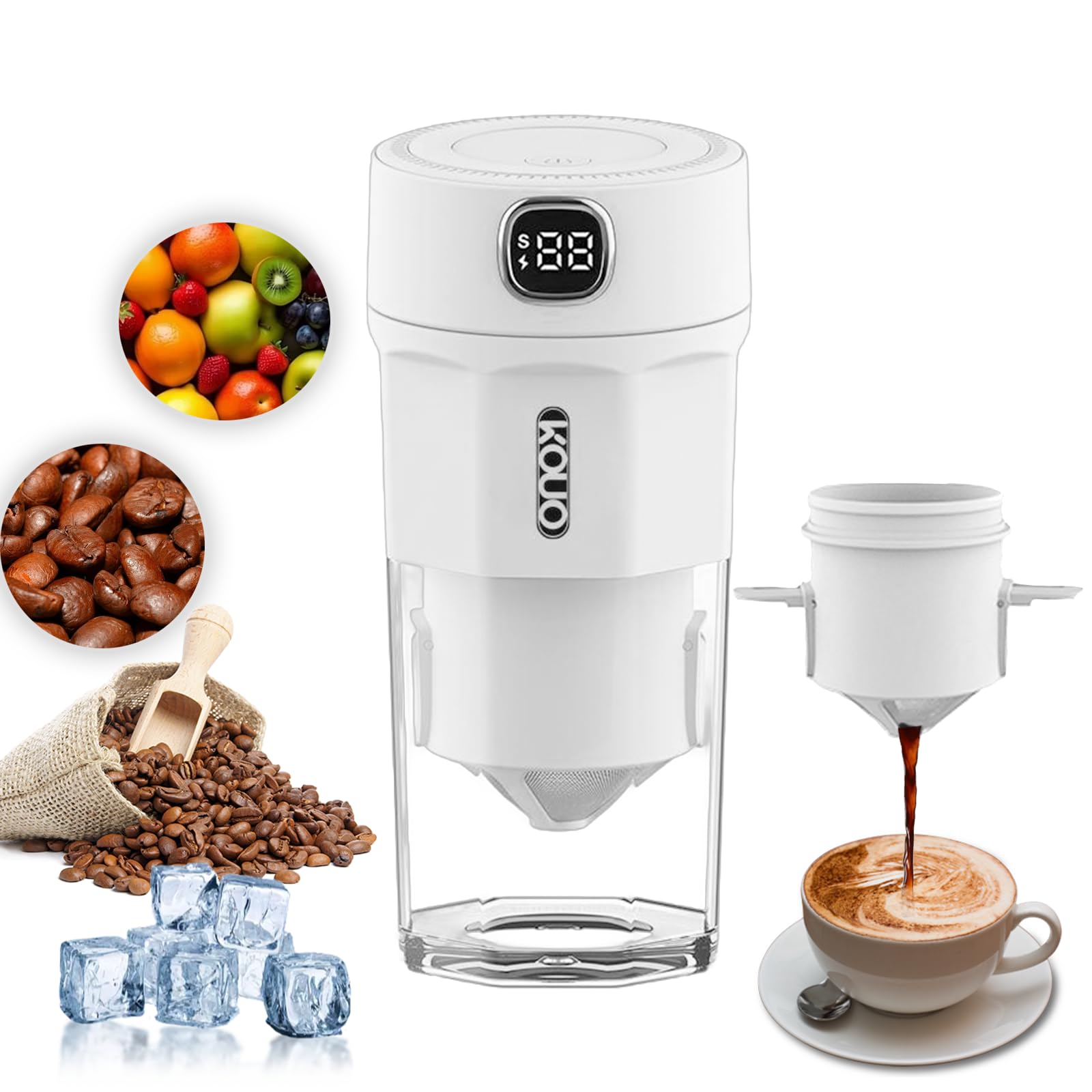 Aldeepo Portable Coffee Grinder and Blender Smoothies with 12Oz BPA Free Personal Travel Cup, Durable Stainless Steel Mix Blender with Metal Coffee Filter, USB Rechargeable(White)