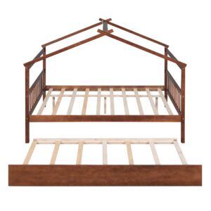 GOWE Full Size Wooden House Bed with Twin Size Trundle, Walnut