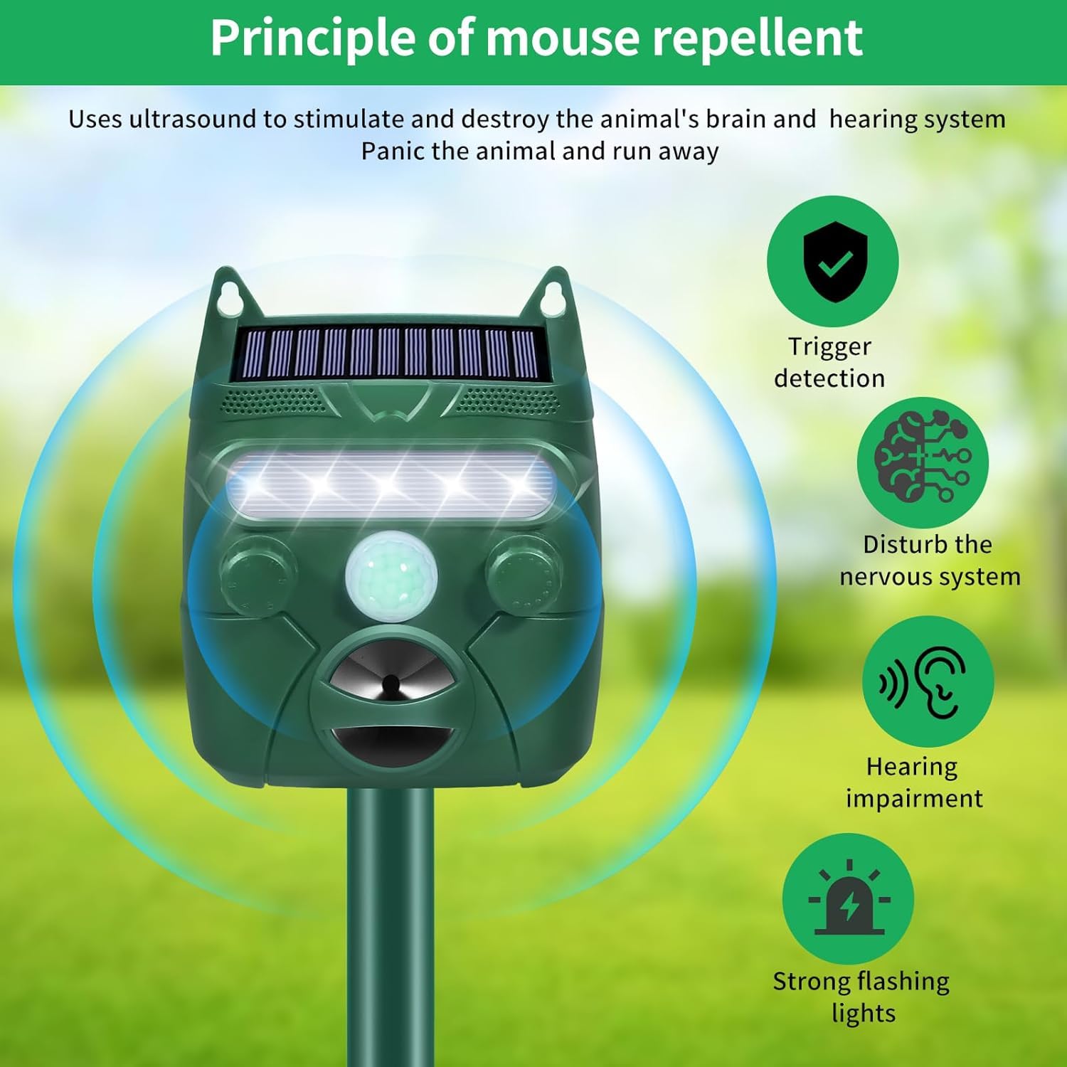 2Pack Ultrasonic Animal Repellent Outdoor Solar Animal Repeller with Motion Sensor&LED Strobe Light Cat Repellent Outdoor Deer Repellent Devices Waterproof Skunk Repellent for Yard Garden (2), GREEN