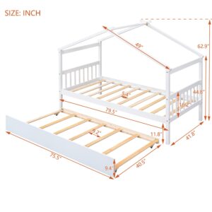 GOWE Twin Size Wooden House Bed with Twin Size Trundle, White