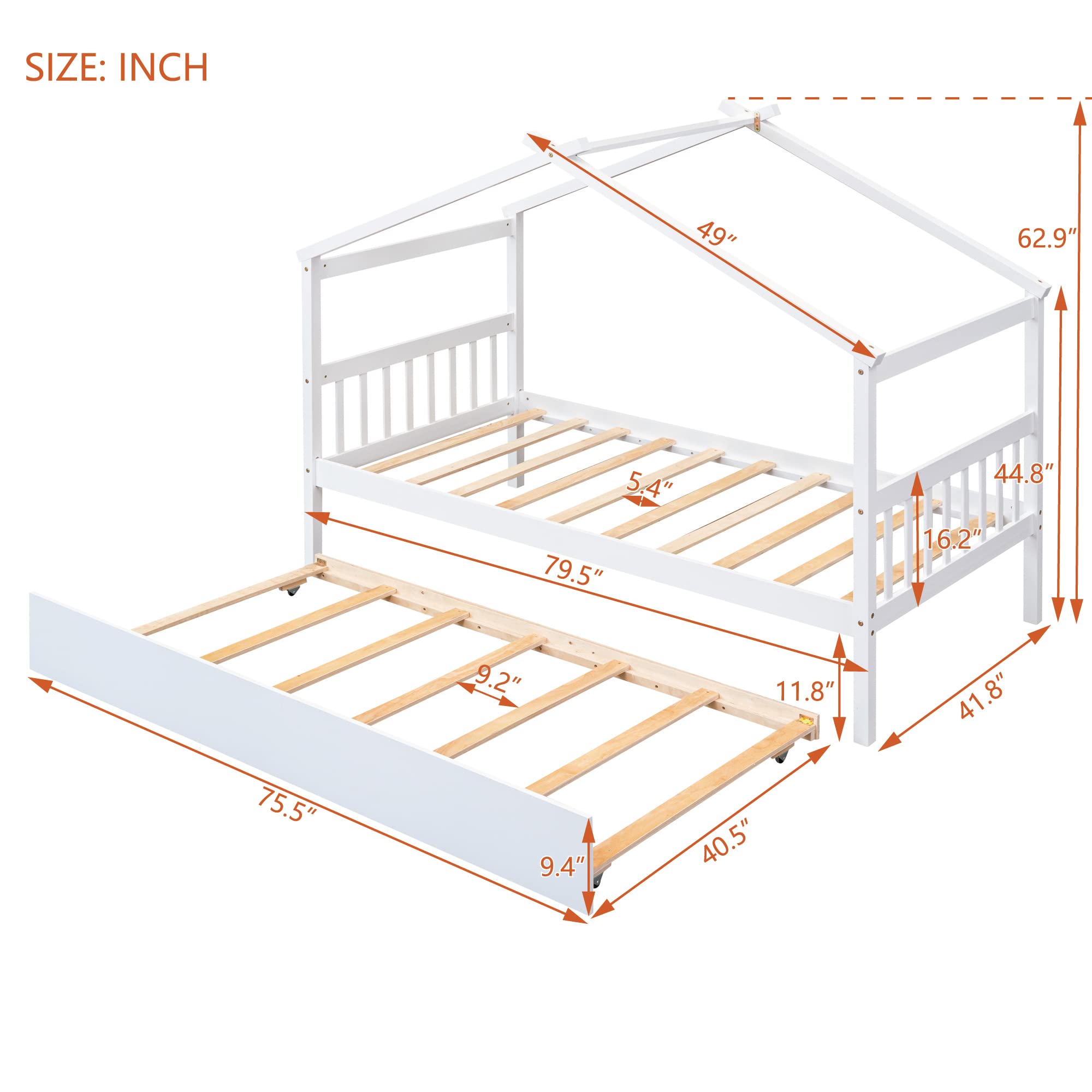 GOWE Twin Size Wooden House Bed with Twin Size Trundle, White