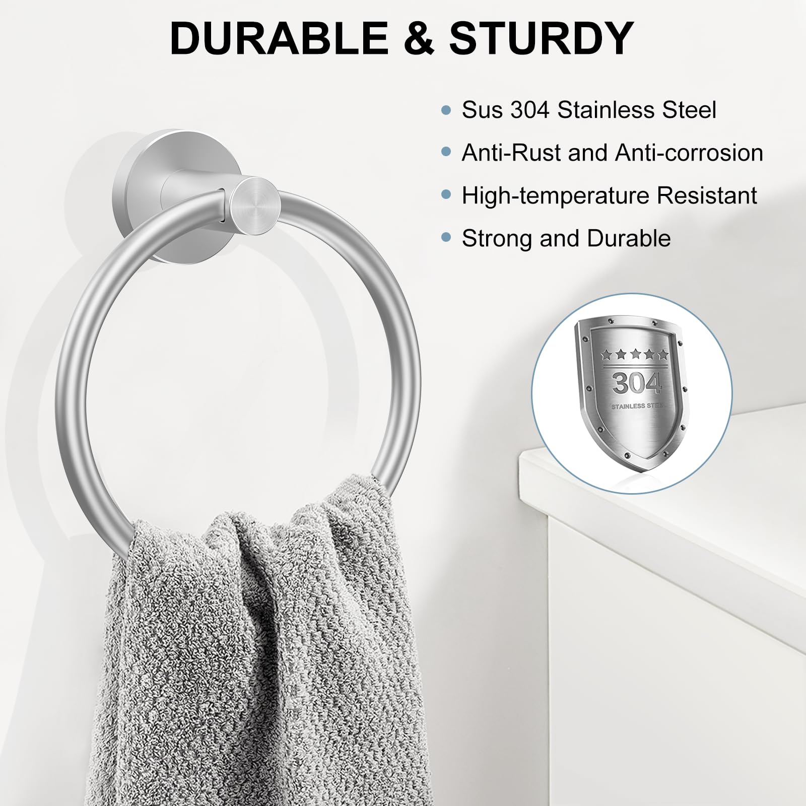 SetSail Towel Holder for Bathroom Wall Silver Towel Ring SUS304 Stainless Steel Hand Towel Holder Heavy Duty Towel Hanger for Bath, Kitchen Drill Hole, 2 Pack