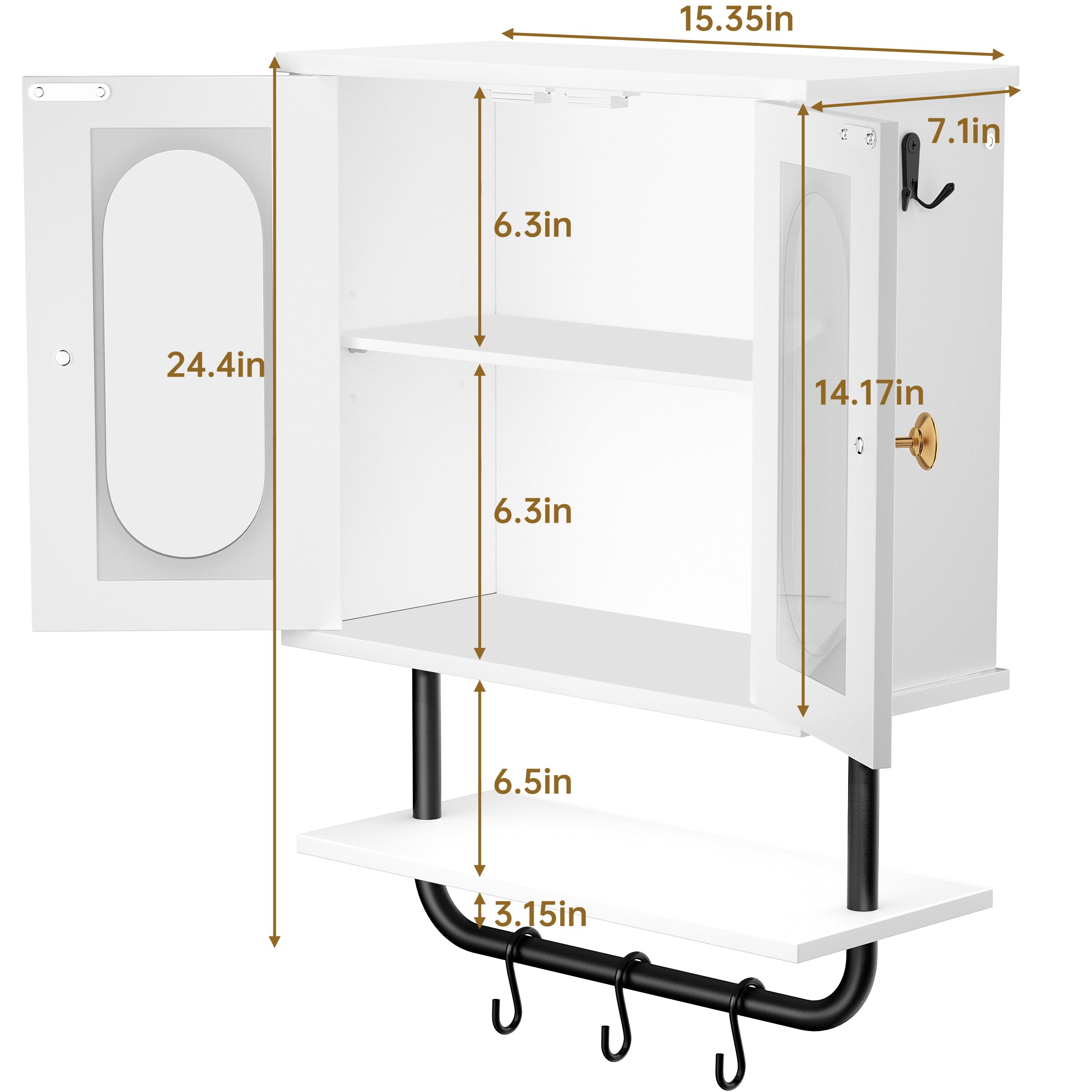 Creso hom Medicine Cabinet, Wood Bathroom Wall Cabinet with Adjustable Shelf and Hooks, Towel Bar, 3 Tier Bathroom Cabinet Wall Mount Storage Cabinets for Living Room, Bedroom, Kitchen, White