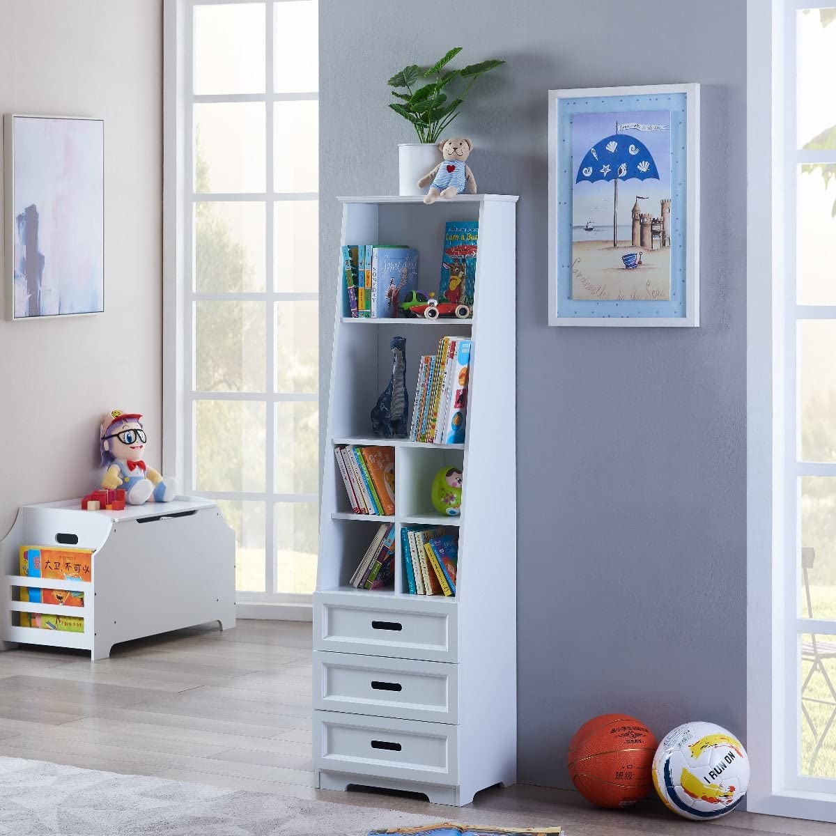 GOWE Kids Funnel White Bookcase Book Shelf Storage Unit with Book Display/Organizer Drawers - Classic White Color