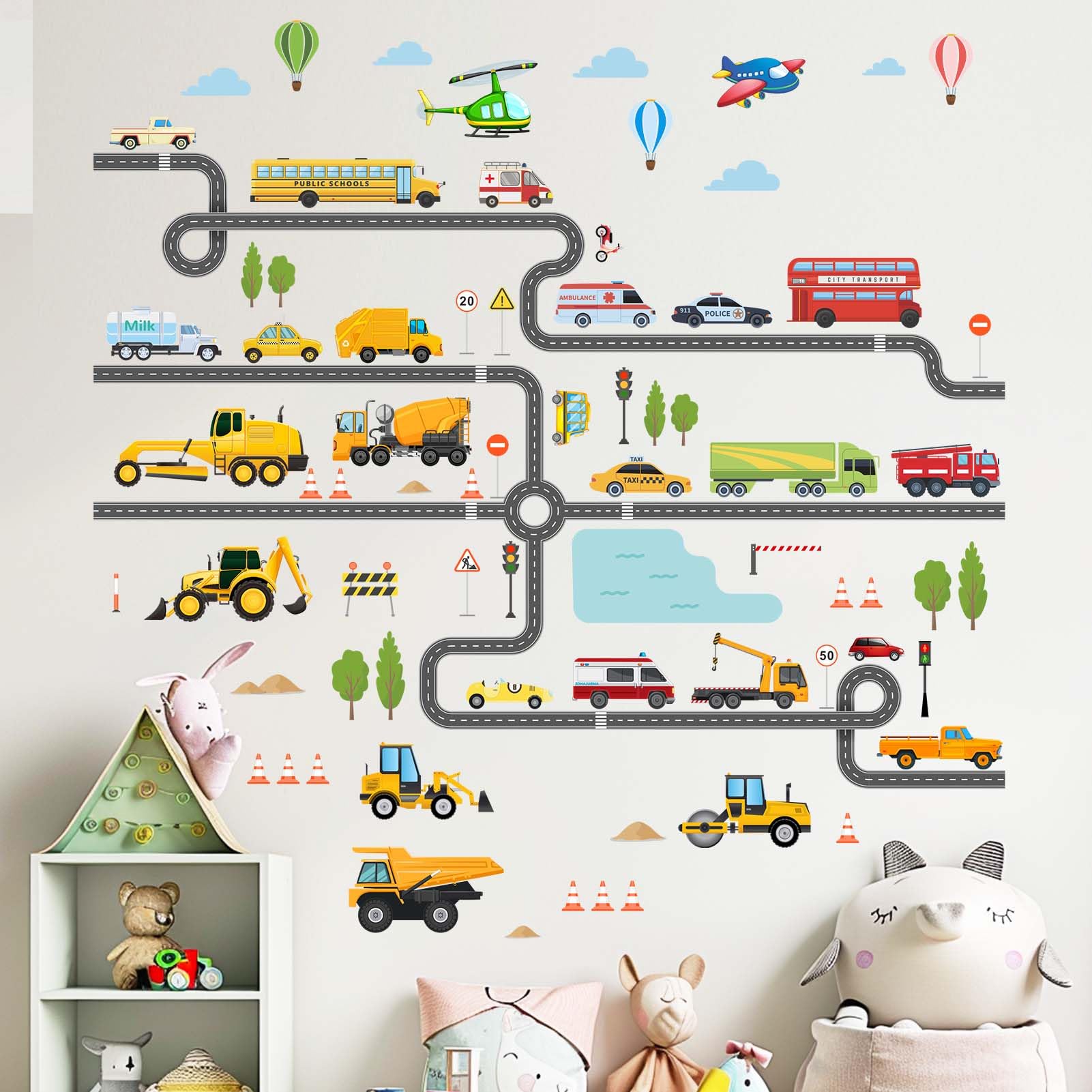 Amimagen Large Construction Vehicles Car Wall Stickers - Trucks Excavator Tractor Wall Decals - Kids Boys Bedroom Playroom Daycare Wall Decor