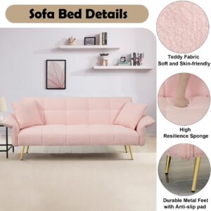 Aoowow Teddy Fabric Futon Couch with 2 Sort Bed Pillow, Love seat Sofa Bed with Adjustable Armrests Backrest for Small Spaces, Modern Recliner Futon Sofa for Living Room (Pink Teddy Fabric)