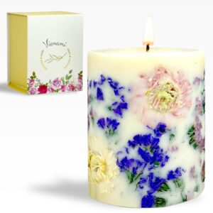 vionami gifts for women scented pillar candle - long burning natural soy wax scented candle for home - gift-boxed hand poured luxury candle with dried flowers & tropical rare flower scent (forget me)