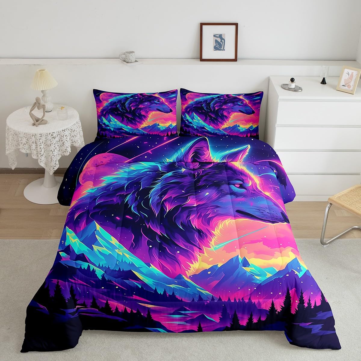 Castle Fairy Wolf Bedding Set Full Size Wild Jungle Animal Comforter Set for Kids Teens Room Decor Trippy Natural Scenery Duvet Insert Neon Starry Moon Galaxy Down Comforter Set,3Pcs