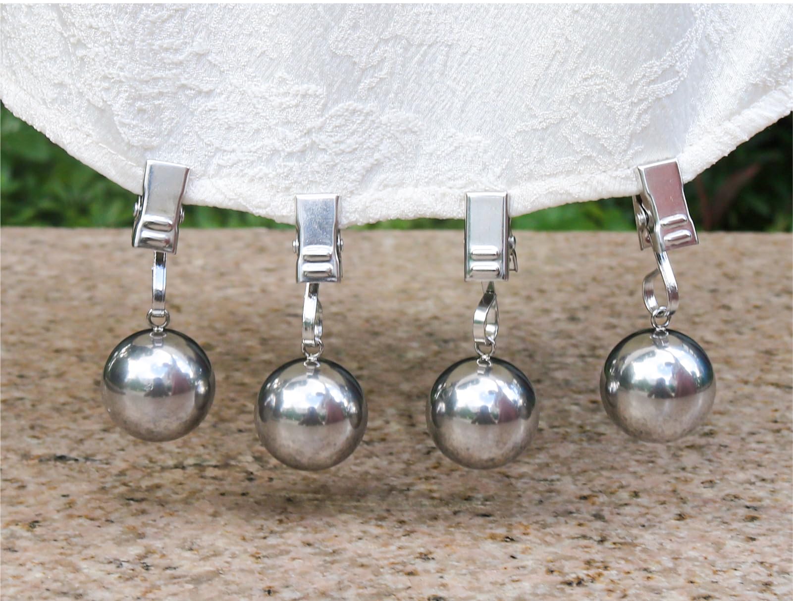 Iyulania 4 Pack Heavy Duty Tablecloth Weights, Rust Proof Stainless Steel Balls with Clips, Weights for Curtain, Outdoor Picnic Table, Flags, 10oz