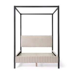 homes: inside + out evadne modern canopy bed frame queen size with channel upholstered headboard and wooden slats support for bedroom, guest room, no box spring needed, light brown