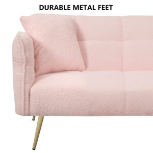 Aoowow Teddy Fabric Futon Couch with 2 Sort Bed Pillow, Love seat Sofa Bed with Adjustable Armrests Backrest for Small Spaces, Modern Recliner Futon Sofa for Living Room (Pink Teddy Fabric)