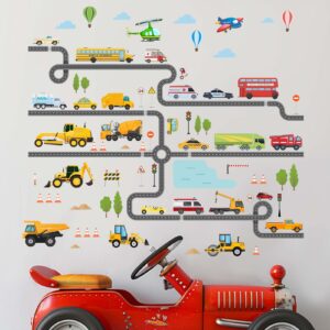 Amimagen Large Construction Vehicles Car Wall Stickers - Trucks Excavator Tractor Wall Decals - Kids Boys Bedroom Playroom Daycare Wall Decor