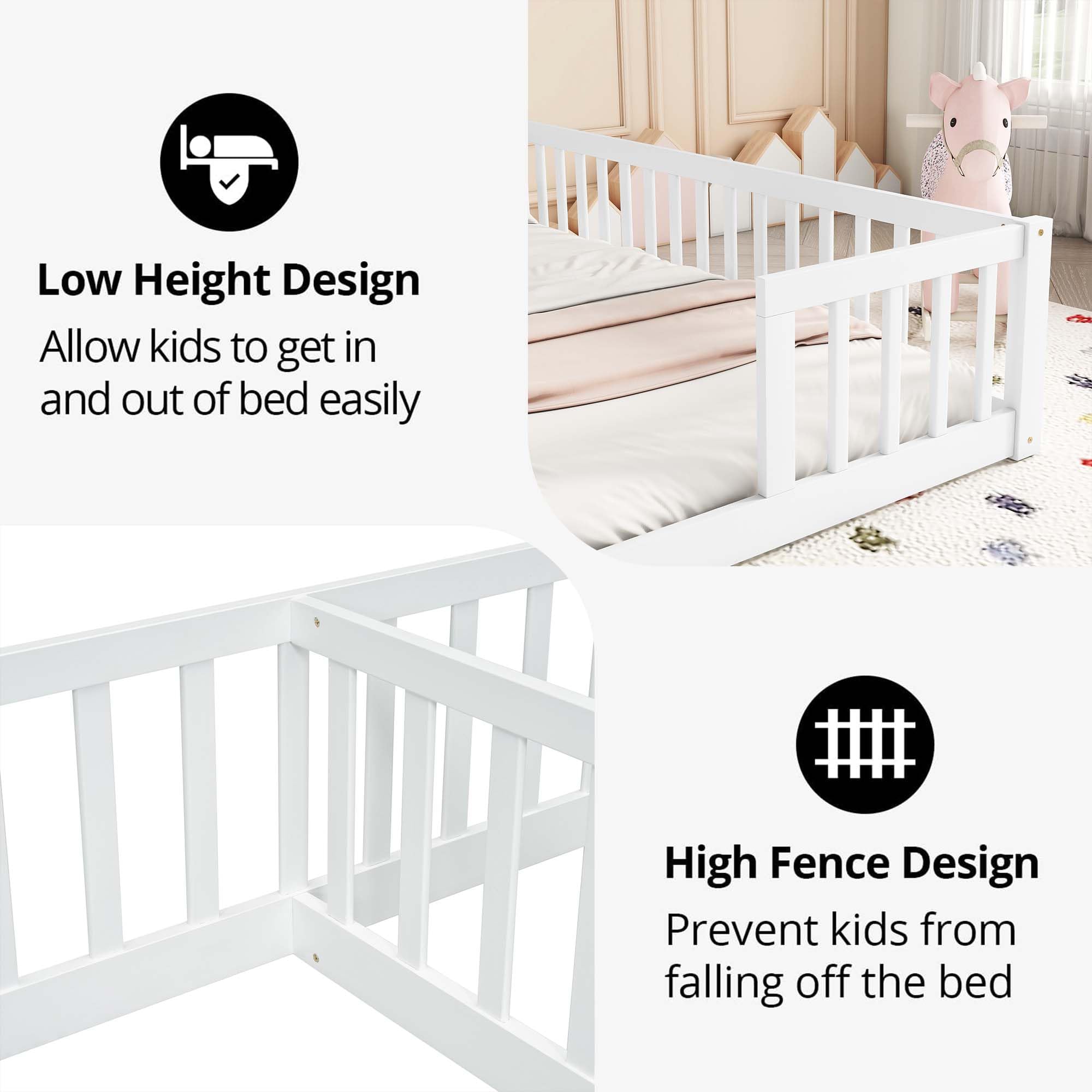 Mirightone Double Floor Bed Frames for Kids, Wood Montessori Bed with Fence Rails, Two Twin Bed Frames for Kids Boys Girls Children, White