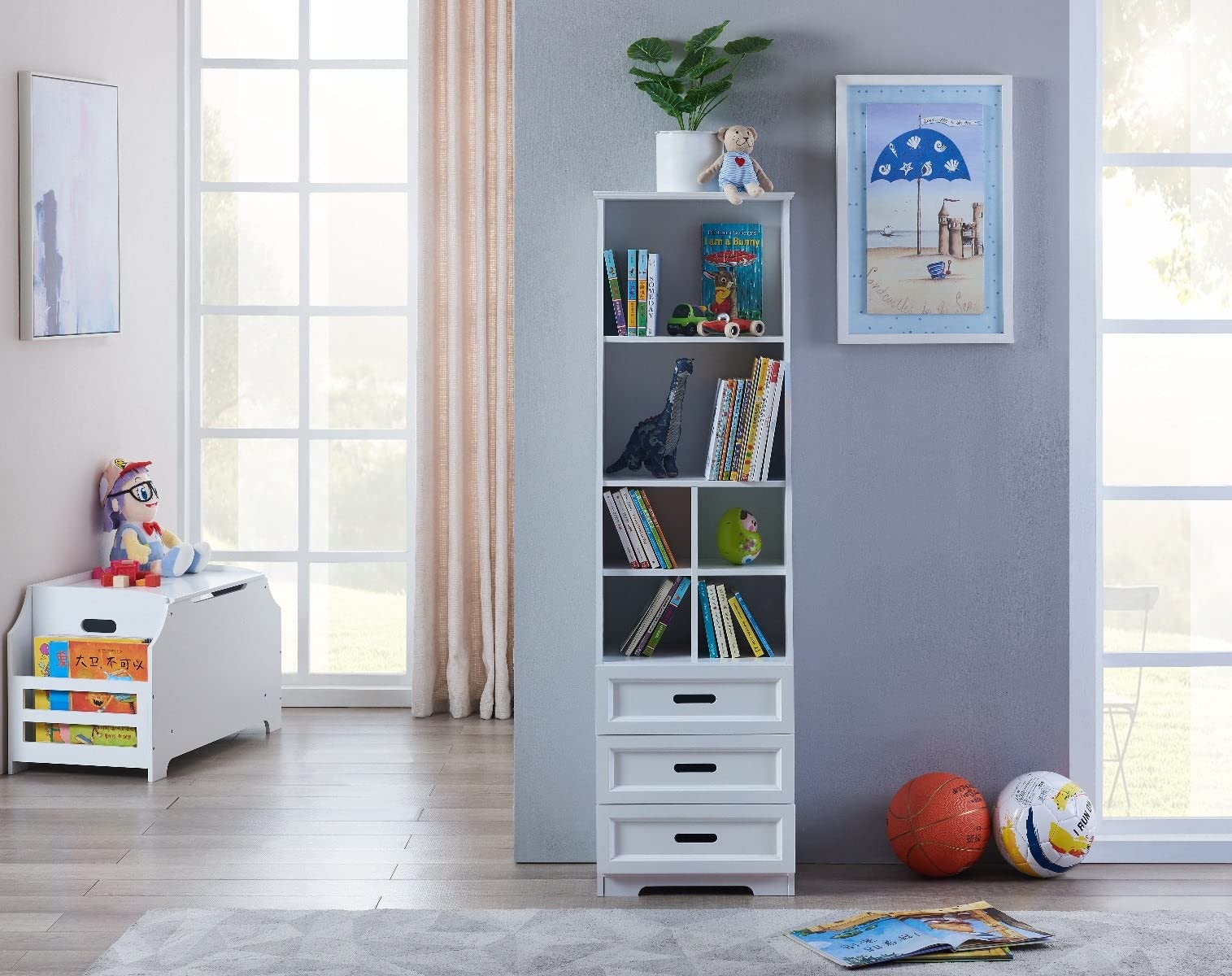 GOWE Kids Funnel White Bookcase Book Shelf Storage Unit with Book Display/Organizer Drawers - Classic White Color