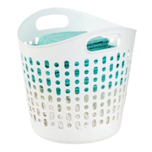 iris usa laundry basket 40l durable and flexible, portable round bin, 1.15 bushel hamper for storage with ventilation holes for closet dorm laundry room bedroom, white